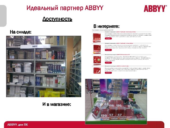 Идеальный партнер ABBYY Доступность В интернете: На складе: И в магазине: ABBYY для ПК