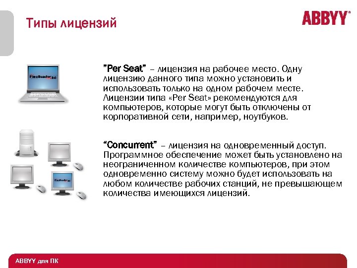 Типы лицензий ”Per Seat” – лицензия на рабочее место. Одну лицензию данного типа можно