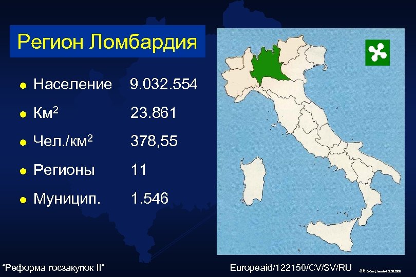 Регион Ломбардия l Население 9. 032. 554 l Км 2 23. 861 l Чел.