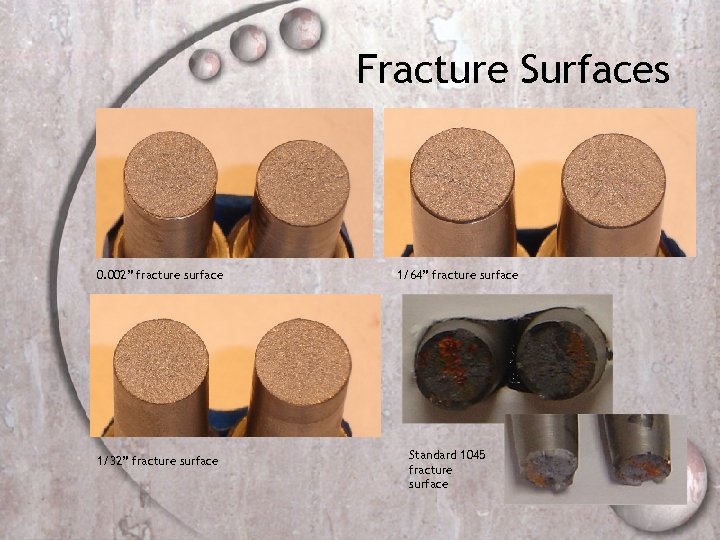 Fracture Surfaces 0. 002” fracture surface 1/32” fracture surface 1/64” fracture surface Standard 1045
