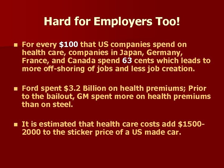 Hard for Employers Too! n For every $100 that US companies spend on health