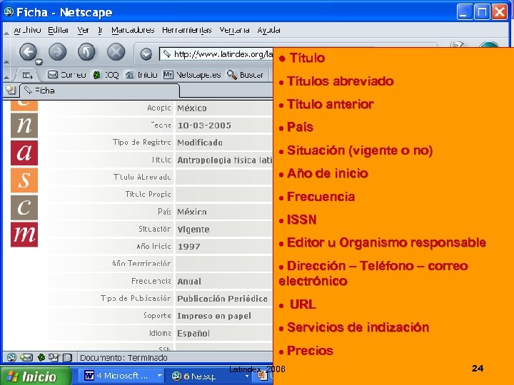 ● Títulos abreviado ● Título anterior ● País ● Situación (vigente o no) ●