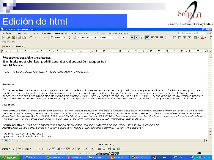 Edición de html Latindex, 2006 96 