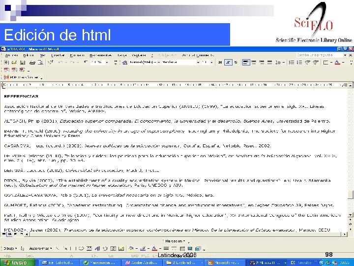 Edición de html Latindex, 2006 98 