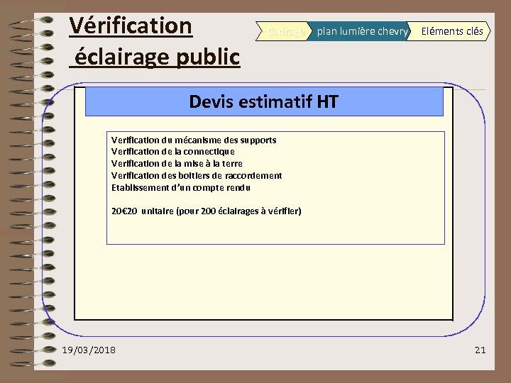 Vérification éclairage public Cadrage plan lumière chevry Eléments clés Devis estimatif HT Verification du