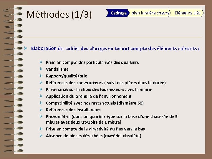 Méthodes (1/3) Cadrage plan lumière chevry Eléments clés Ø Elaboration du cahier des charges