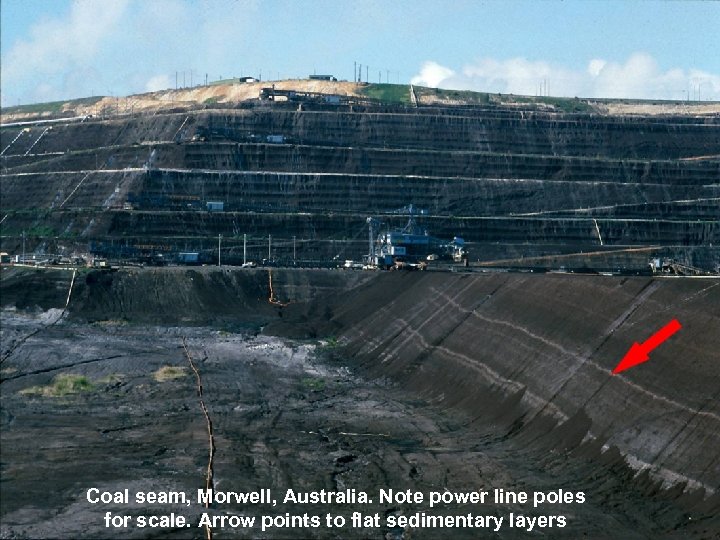 Coal seam, Morwell, Australia. Note power line poles for scale. Arrow points to flat