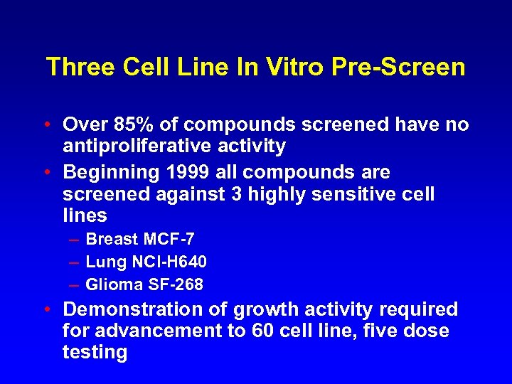 Three Cell Line In Vitro Pre-Screen • Over 85% of compounds screened have no