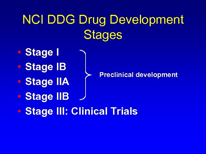 NCI DDG Drug Development Stages • • • Stage IB Preclinical development Stage IIA