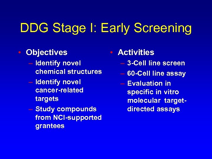 DDG Stage I: Early Screening • Objectives – Identify novel chemical structures – Identify