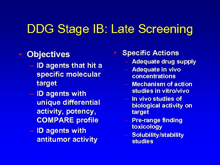 DDG Stage IB: Late Screening • Objectives – ID agents that hit a specific