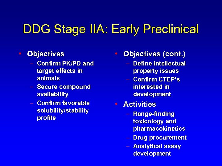 DDG Stage IIA: Early Preclinical • Objectives – Confirm PK/PD and target effects in