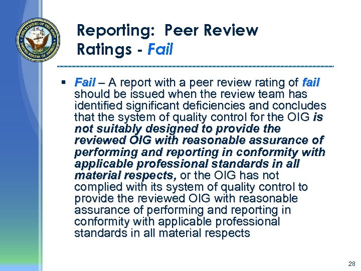 Reporting: Peer Review Ratings - Fail § Fail – A report with a peer