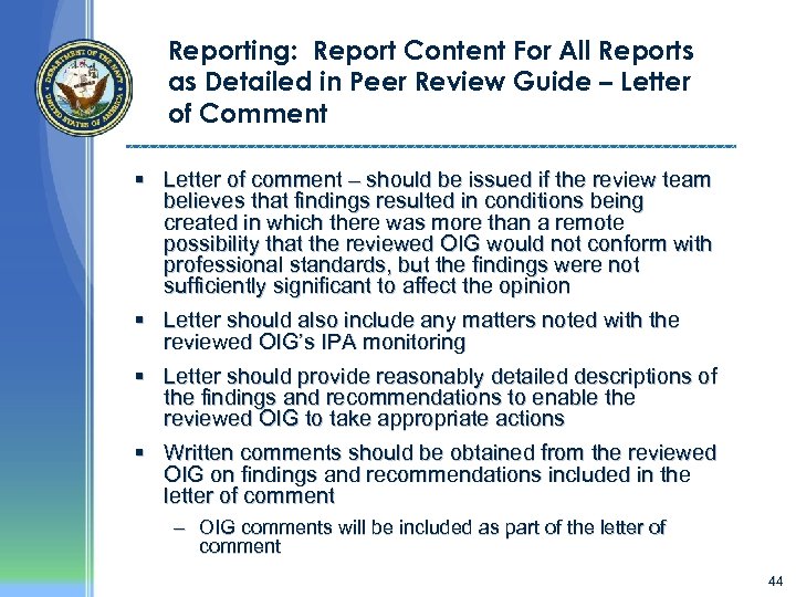 Reporting: Report Content For All Reports as Detailed in Peer Review Guide – Letter