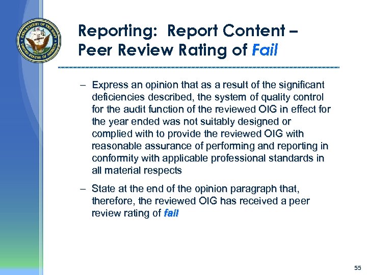 Reporting: Report Content – Peer Review Rating of Fail – Express an opinion that