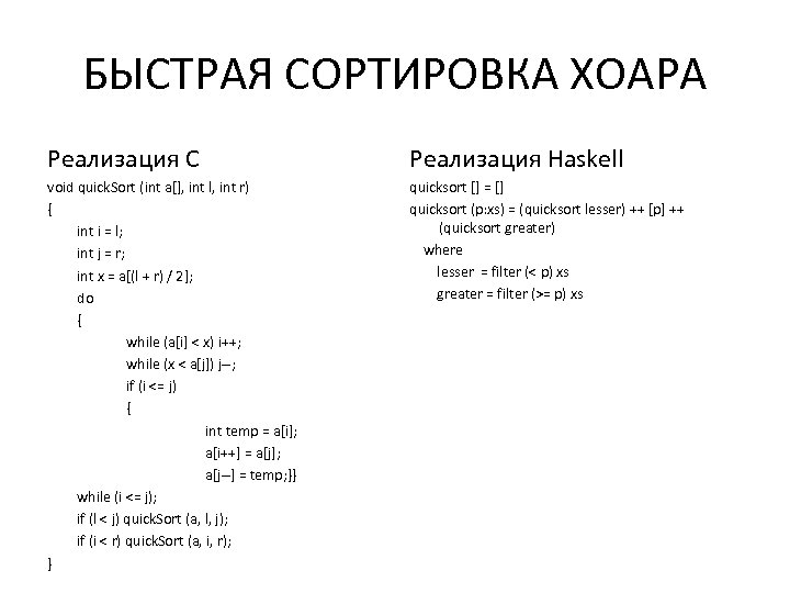 БЫСТРАЯ СОРТИРОВКА ХОАРА Реализация С Реализация Haskell void quick. Sort (int a[], int l,