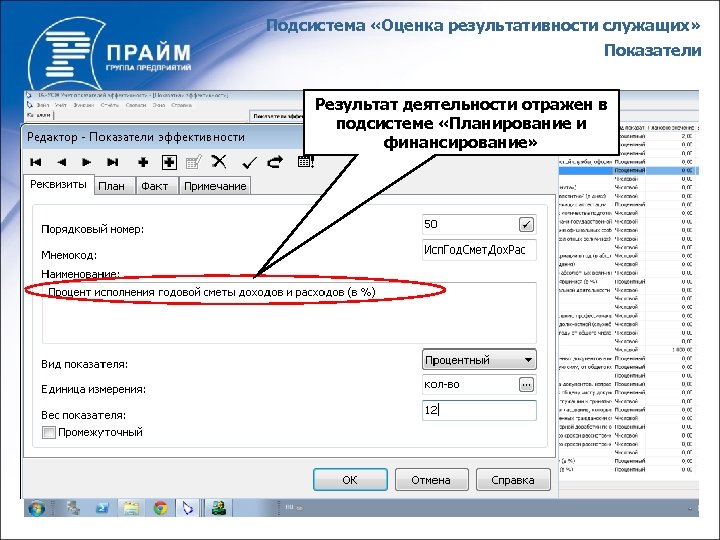 Подсистема «Оценка результативности служащих» Показатели Результат деятельности отражен в подсистеме «Планирование и финансирование» 