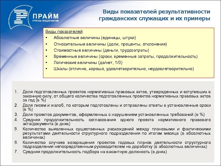 Виды показателей результативности гражданских служащих и их примеры Виды показателей: • Абсолютные величины (единицы,