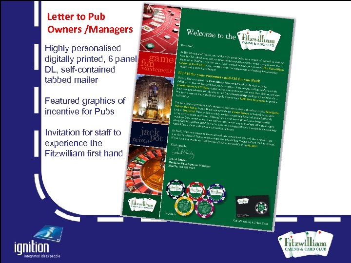 Letter to Pub Owners /Managers Highly personalised digitally printed, 6 panel DL, self-contained tabbed
