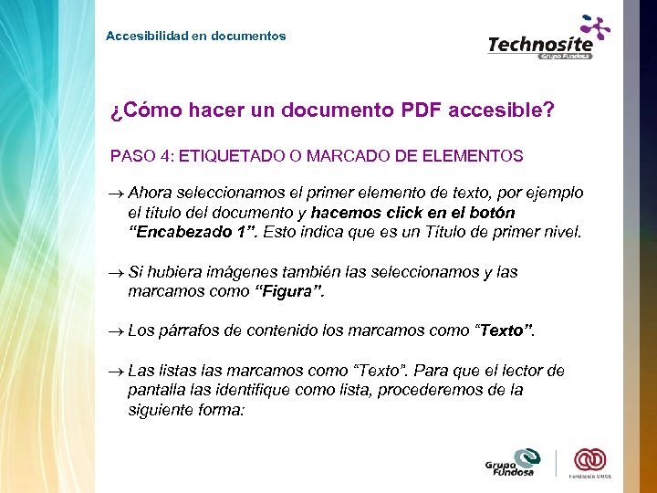 Accesibilidad en documentos ¿Cómo hacer un documento PDF accesible? PASO 4: ETIQUETADO O MARCADO