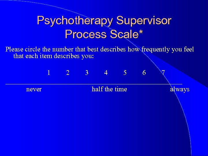 Psychotherapy Supervisor Process Scale* Please circle the number that best describes how frequently you