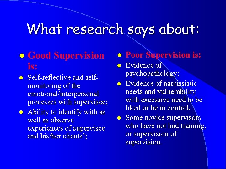 What research says about: l l l Good Supervision is: Self-reflective and selfmonitoring of