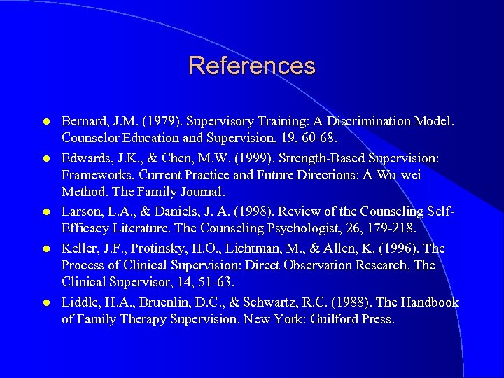 References l l l Bernard, J. M. (1979). Supervisory Training: A Discrimination Model. Counselor