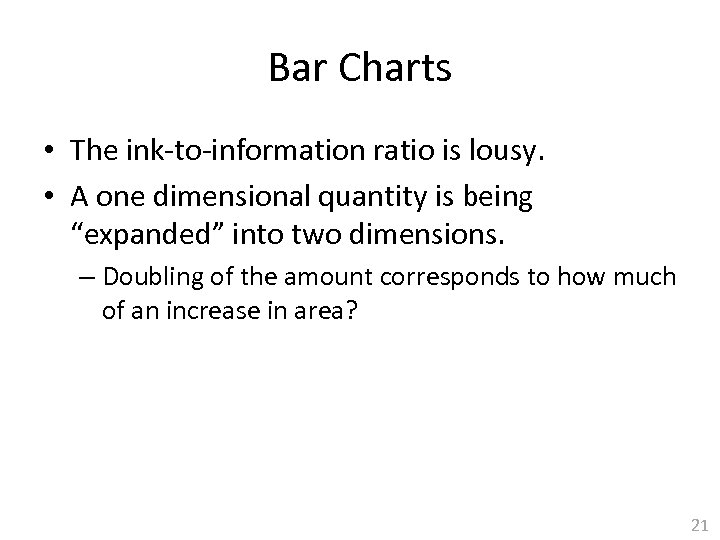Bar Charts • The ink-to-information ratio is lousy. • A one dimensional quantity is