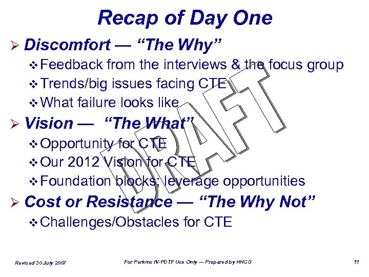 Recap of Day One Ø Discomfort — “The Why” v Feedback from the interviews