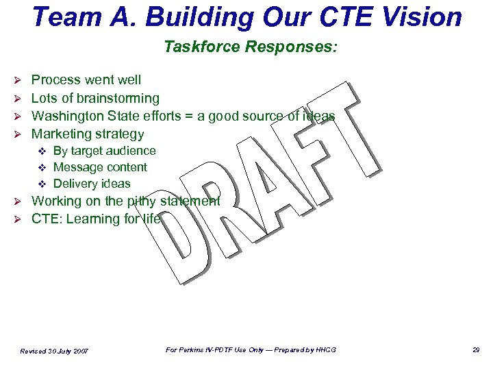 Team A. Building Our CTE Vision Taskforce Responses: Process went well Ø Lots of