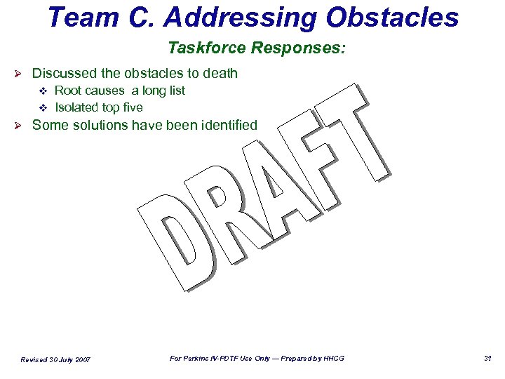 Team C. Addressing Obstacles Taskforce Responses: Ø Discussed the obstacles to death Root causes