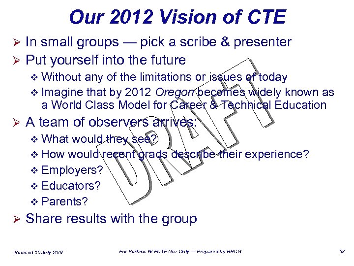 Our 2012 Vision of CTE In small groups — pick a scribe & presenter