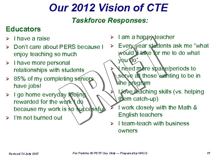 Our 2012 Vision of CTE Educators Ø Ø Ø Taskforce Responses: I have a
