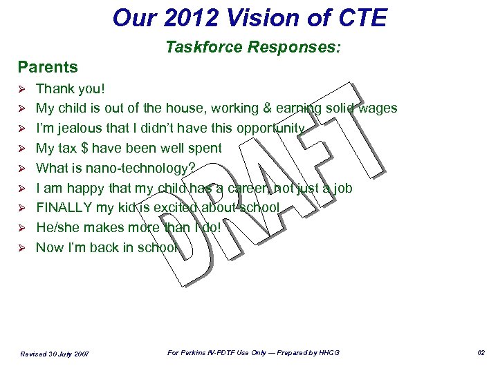 Our 2012 Vision of CTE Parents Ø Ø Ø Ø Ø Taskforce Responses: Thank