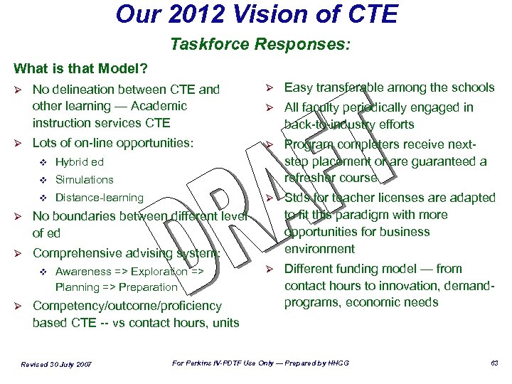 Our 2012 Vision of CTE Taskforce Responses: What is that Model? Ø Ø No