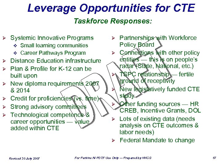 Leverage Opportunities for CTE Taskforce Responses: Systemic Innovative Programs Ø Small learning communities v