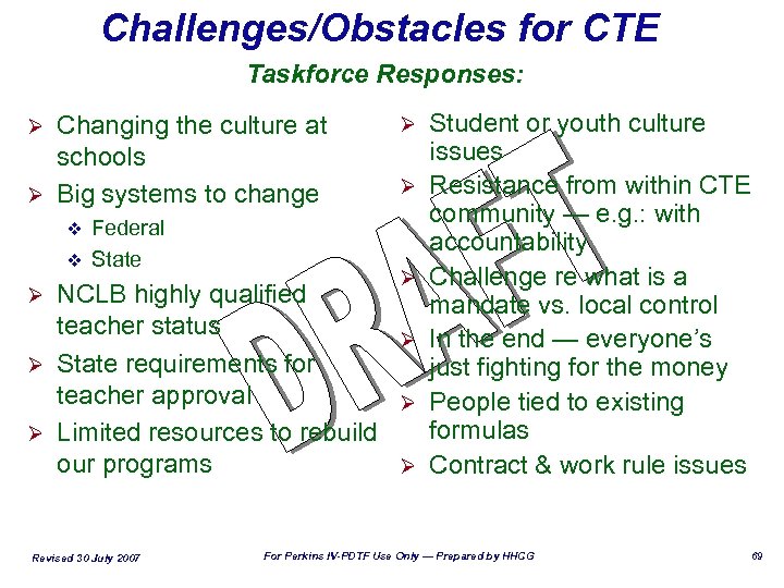 Challenges/Obstacles for CTE Taskforce Responses: Changing the culture at schools Ø Big systems to