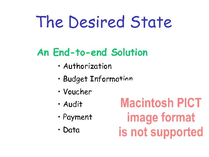The Desired State An End-to-end Solution • Authorization • Budget Information • Voucher •