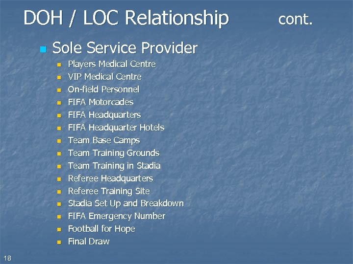 DOH / LOC Relationship n Sole Service Provider n n n n 18 Players