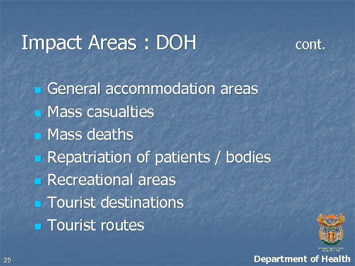 Impact Areas : DOH n n n n 25 cont. General accommodation areas Mass