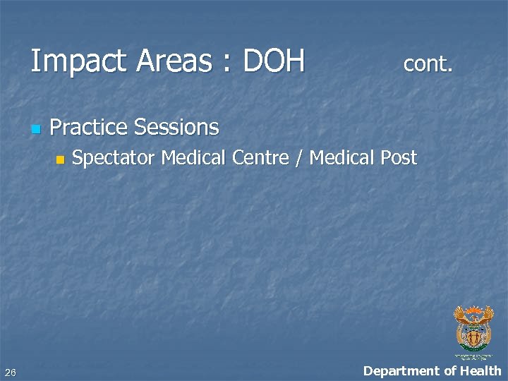 Impact Areas : DOH n Practice Sessions n 26 cont. Spectator Medical Centre /