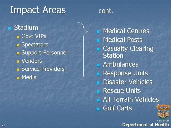Impact Areas n Stadium n n n Govt VIPs Spectators Support Personnel Vendors Service