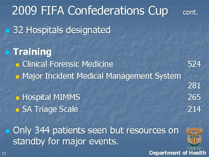 2009 FIFA Confederations Cup n 32 Hospitals designated n cont. Training Clinical Forensic Medicine