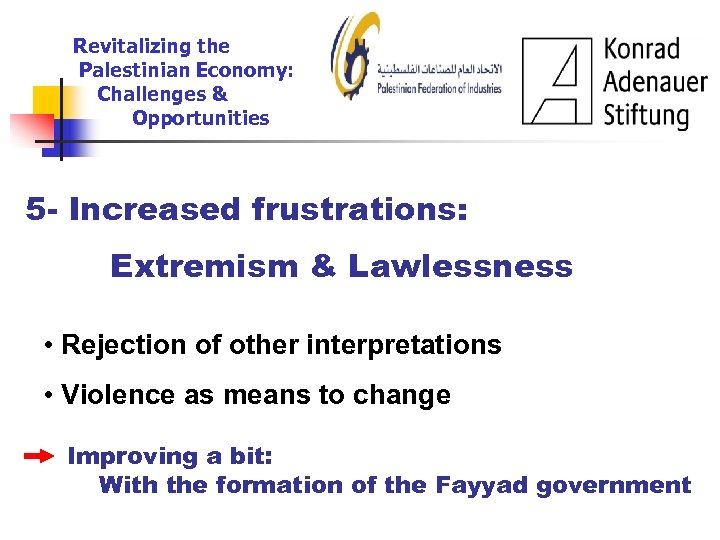 Revitalizing the Palestinian Economy: Challenges & Opportunities 5 - Increased frustrations: Extremism & Lawlessness