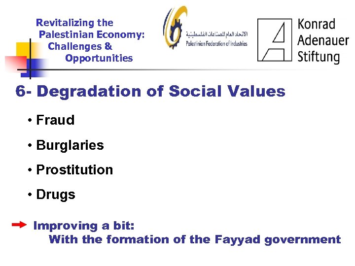 Revitalizing the Palestinian Economy: Challenges & Opportunities 6 - Degradation of Social Values •
