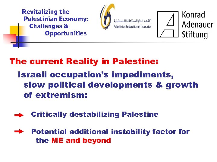 Revitalizing the Palestinian Economy: Challenges & Opportunities The current Reality in Palestine: Israeli occupation’s