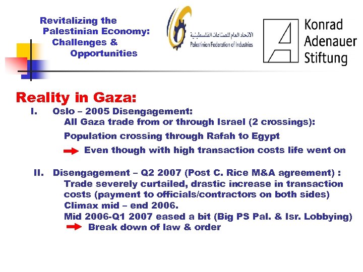 Revitalizing the Palestinian Economy: Challenges & Opportunities Reality in Gaza: I. Oslo – 2005