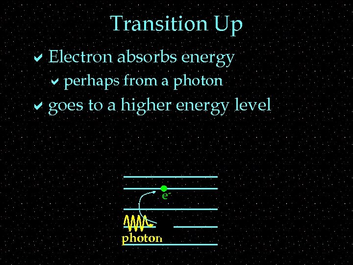Transition Up a. Electron absorbs energy aperhaps from a photon agoes to a higher