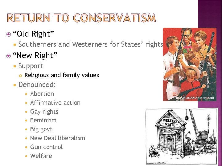  “Old Right” Southerners and Westerners for States’ rights “New Support Right” Religious and