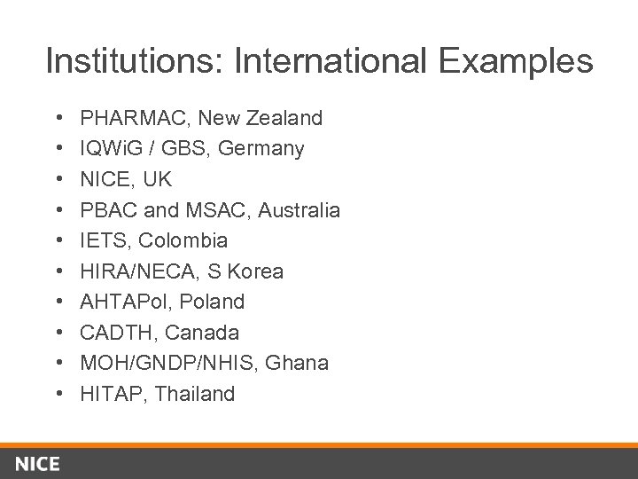 Institutions: International Examples • • • PHARMAC, New Zealand IQWi. G / GBS, Germany